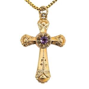 Victorian Revival Ornate Brass Cross Pendant Purple Stone On Goldtone Chain